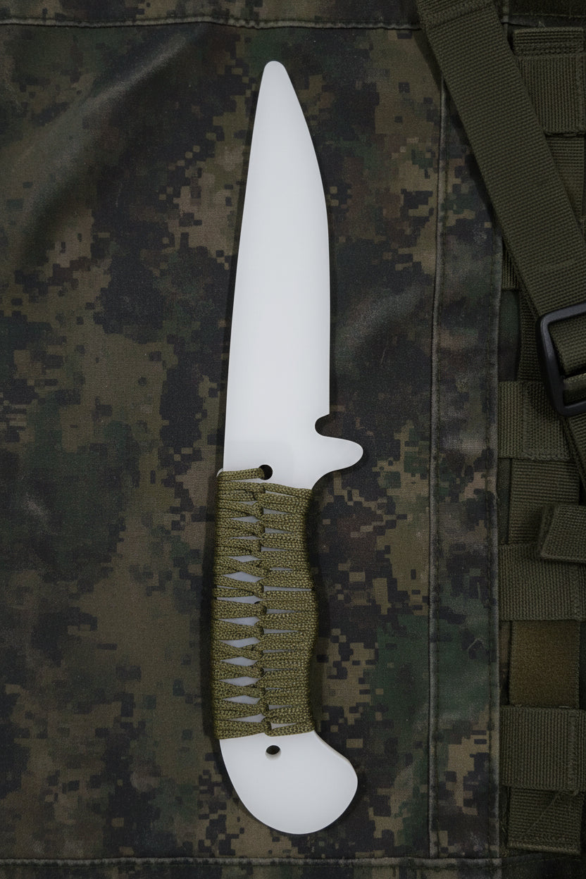 Knife with a green handle on a teal background