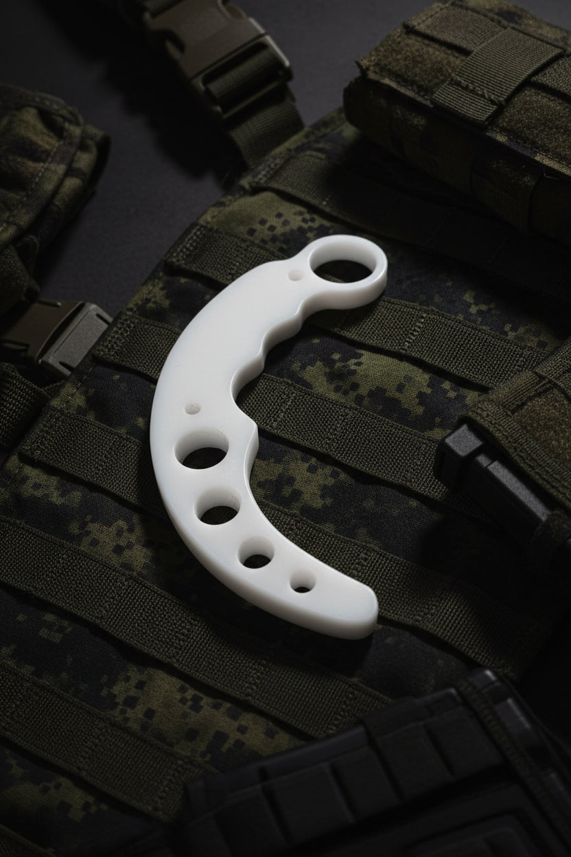 White plastic object with multiple holes on a teal surface